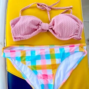 Pink Textured Bikini Top and Colorful Checkered Bottom